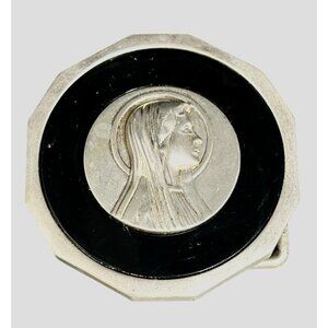 Virgin Mary Vintage Belt Buckle - Black Enamel w Silver Stainless Steel Rare HTF